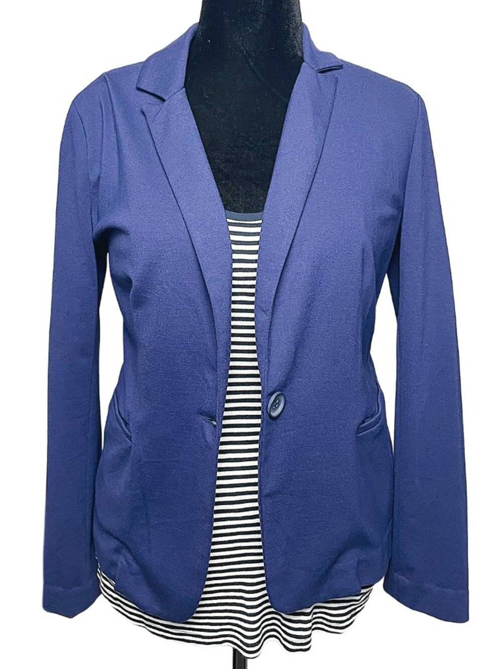 Navy Knit Blazer 1 Button Career Office Jacket Stretch Women M